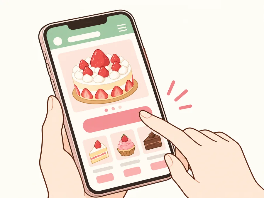 スマホでデモ店を触るイラスト